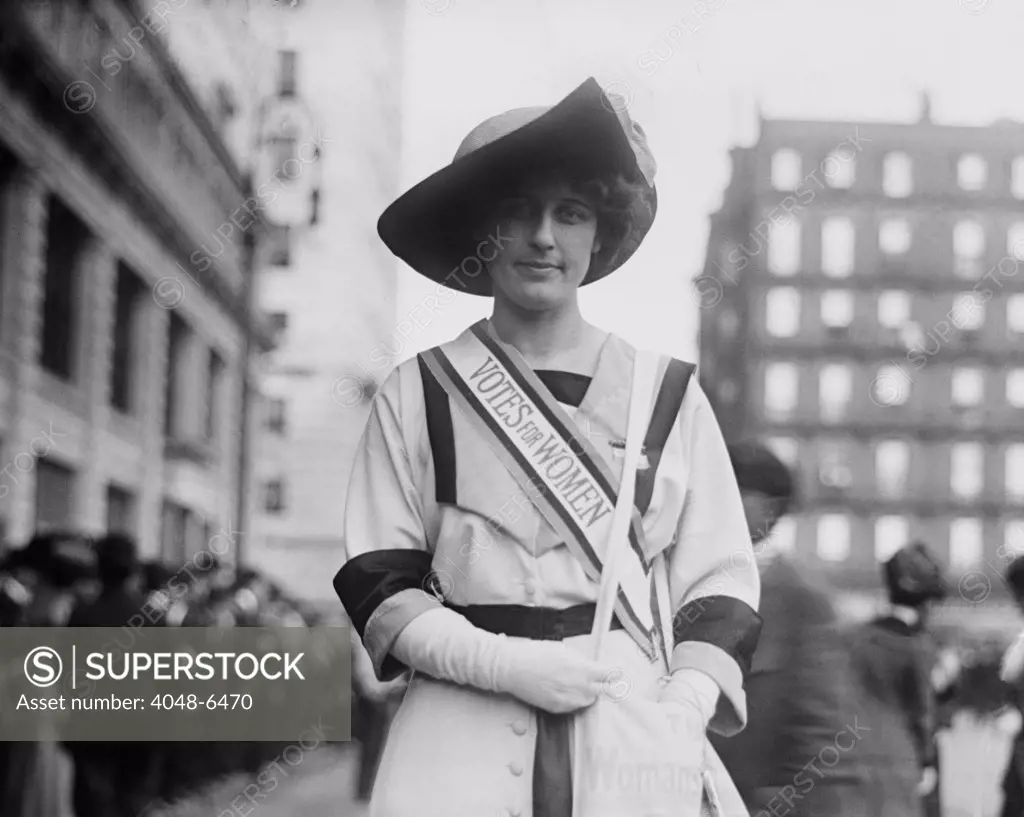 Inez Milholland (1886-1916), beautiful young women's rights advocate, labor lawyer, and socialist during a New York City suffrage parade. Ca. 1913-16. Julia Ormond played Millholland in the 2004 movie IRON JAWED ANGELS.