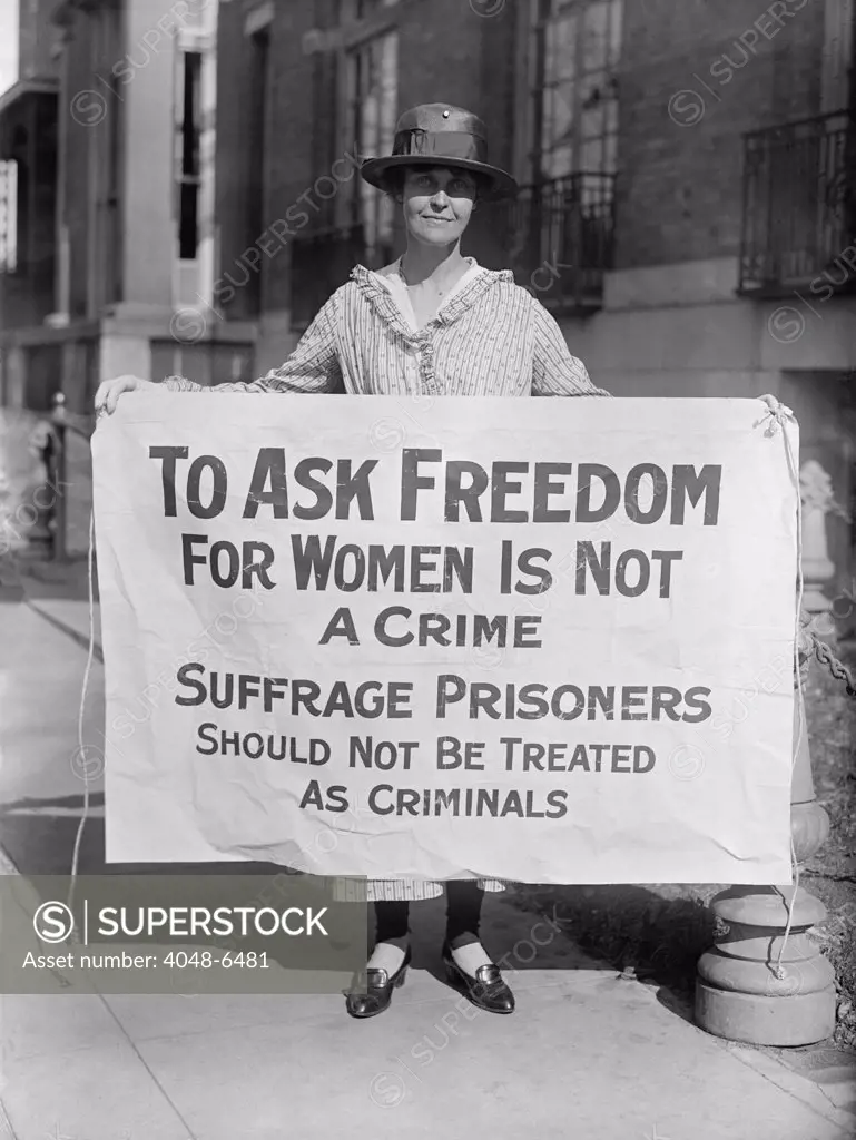 Woman suffrage picket protests criminal arrests of militant protestors from the National Woman's Party (NWP). As prisoners, Alice Paul and others demanded to be held as political prisoners, and staged hunger strikes.