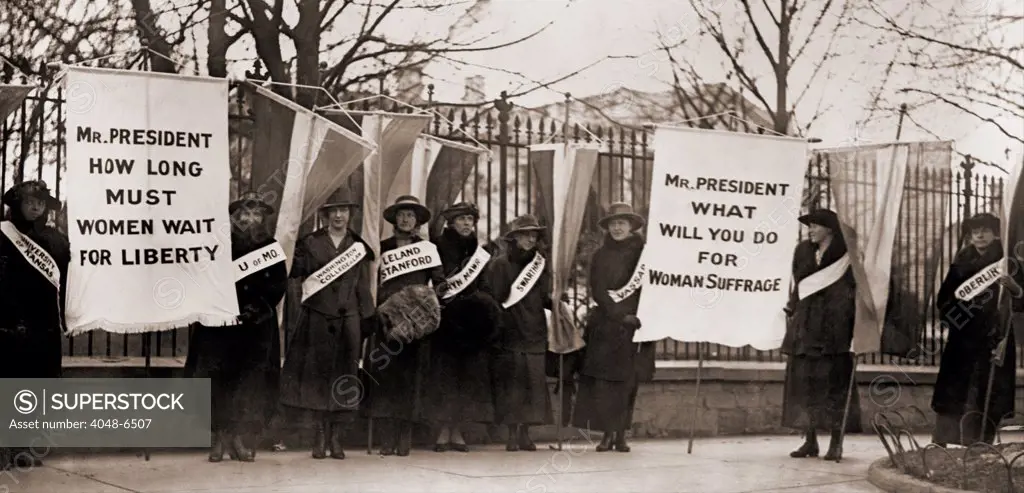 National Women's Party demonstration by college women in front of the White House in 1918. The banner protests Wilson's failure to support women's suffrage.