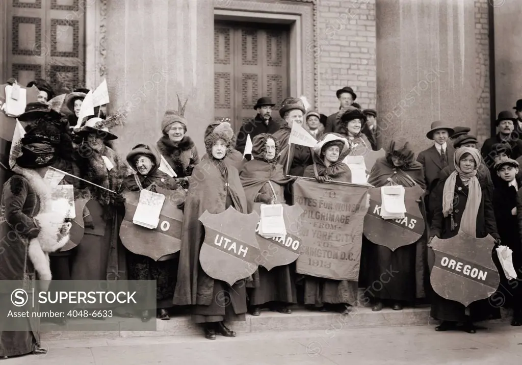Women's Suffrage hikers who took part in the walk from New York City to Washington, D.C. to join the National American Woman Suffrage Association parade of March 3, 1913. The parade marked the beginning of an eight year national campaign for votes for women.