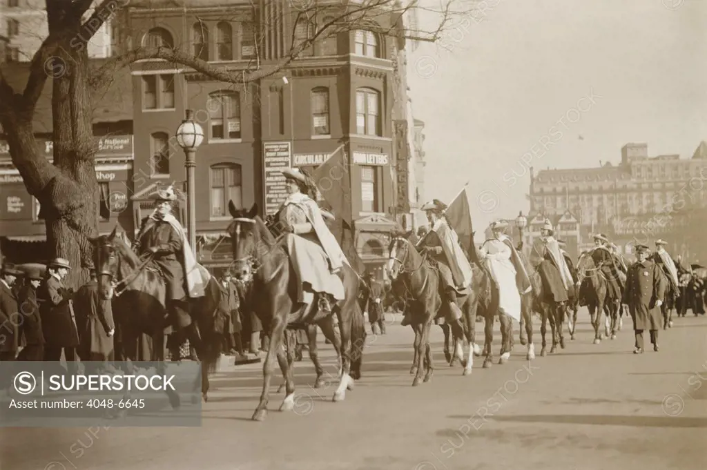 Suffragists on horseback in a parade in Washington, D.C. on May 9, 1914.