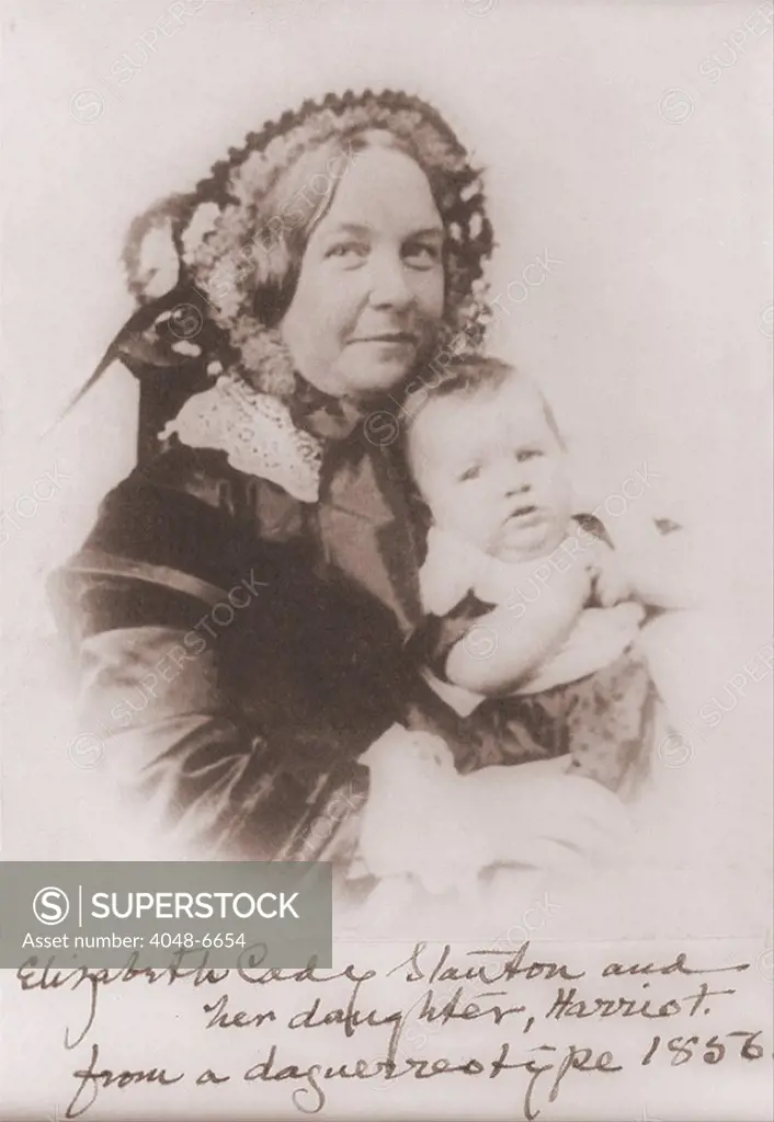 Elizabeth Cady Stanton (1815-1902), holding her infant daughter Harriot, one of her seven children in 1856. Harriot (1856-1940), followed her mother as an feminist activist.