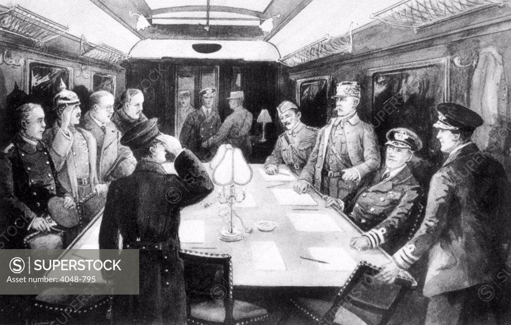 Stock Photo: 4048-795 World War I, the signing of the Armistice in the railway car at Compiegne, France, included in picture are General Maxime Weygand, Marshal Ferninand Foch, Sir Rosslyn Wemis, and Admiral George Hope at right, November 11, 1918
