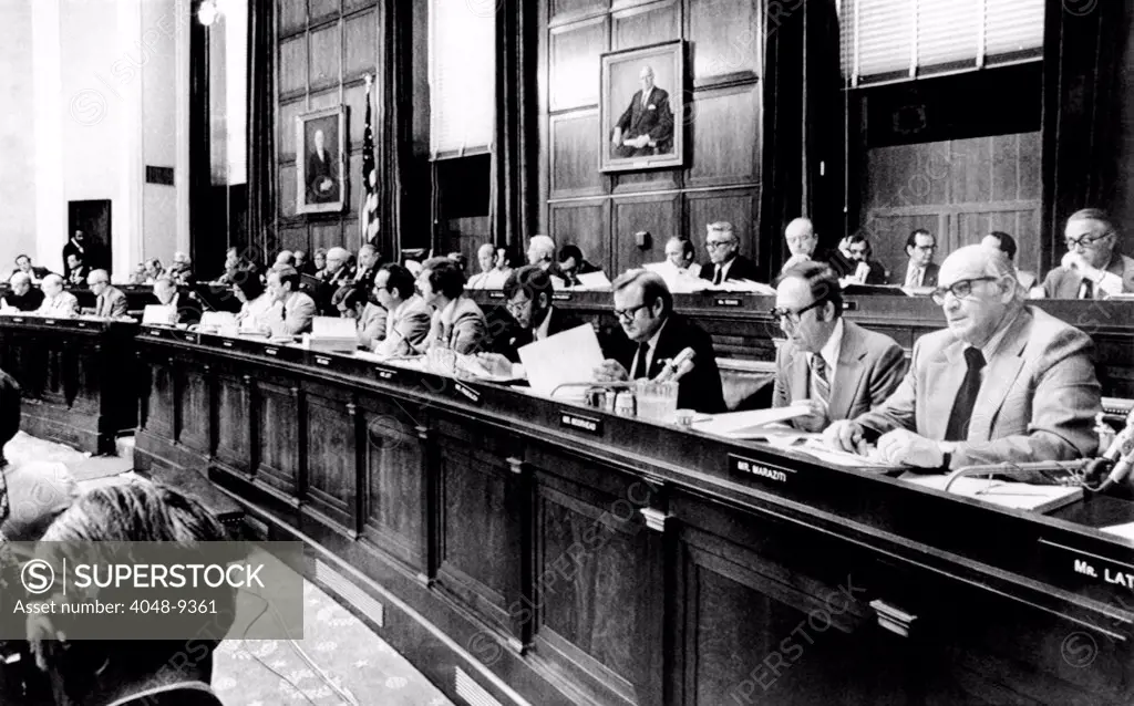 The House Judiciary Committee in deliberations leading to the vote for impeachment of President Richard Nixon for obstruction of justice in the Watergate cover-up. July 14, 1974.