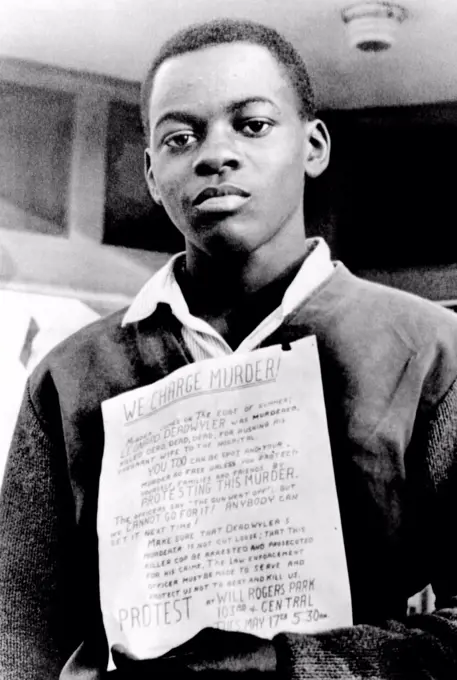 African American youth protests the police killing of Leonard Deadwyler. On May 7,1966, Deadwyler was pulled over for speeding his pregnant wife to the hospital, when his car accidentally lurched forward, a Los Angeles police officer shot and killed him.