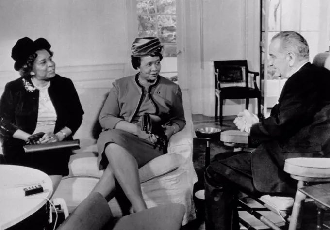 Dorothy Height and Rosa Gragg meet with LBJ. During the first month of his presidency, Johnson met with many African American leaders as he developed his Great Society programs. Dec. 13, 1963.
