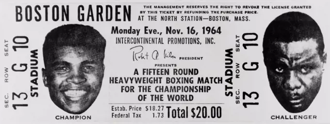 Ticket to world championship boxing match at Boston Garden between Muhammad Ali and Sonny Liston on Nov. 9, 1964.