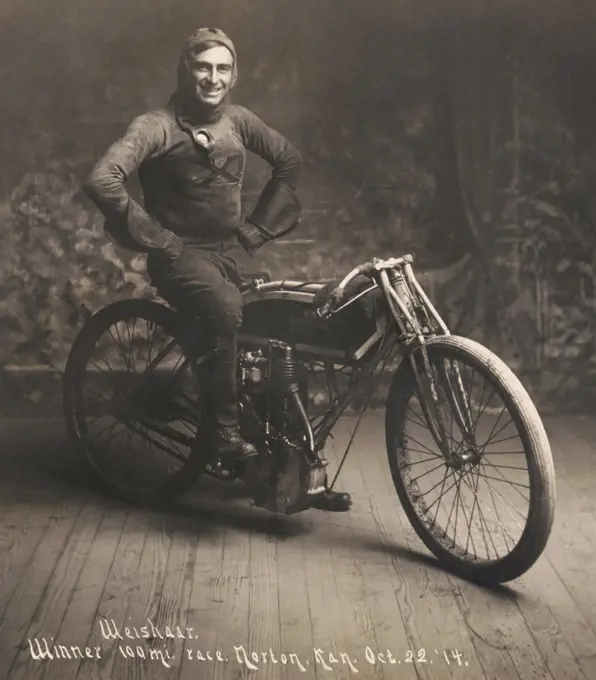 Ray Weishaar, won the 100 mile motorcycle race in Norton, Kansas, on Oct. 22, 1914. The popular racer rode Harley-Davidson motorcycles from 1910s until his death at Ascot Speedway in Los Angles, on April 13, 1924  (BSLOC_2018_2_178)