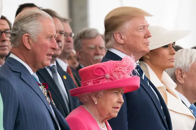 President Donald Trump and First Lady Melania Trump, with Queen Elizabeth II, Prince Charles, and other world leaders at the D-Day National Commemoration, Portsmouth, England, June 5, 2019  (BSLOC_2019_6_213)