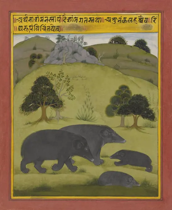 Bears in a Landscape, 1725, by Anonymous South Asian artist, c. 1715-25, gouache painting. Illustration from the book of dream interpretations. (BSLOC_2016_1_289)