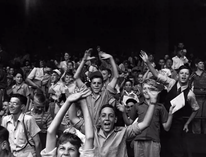Boys at a ball game at Briggs Stadium, Detroit, Michigan, August 1942 photo by John Vachon. - (BSLOC_2014_17_169)