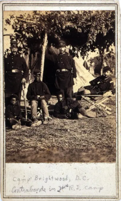 The Civil War. Freed slaves ('contrabands') in the camp of the  2nd Regt. Rhode Island Volunteer Infantry. Washington, DC. cabinet card ca. 1861-1864