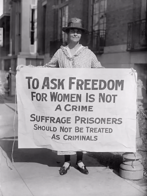 Woman suffrage picket protests criminal arrests of militant protestors from the National Woman's Party (NWP). As prisoners, Alice Paul and others demanded to be held as political prisoners, and staged hunger strikes.