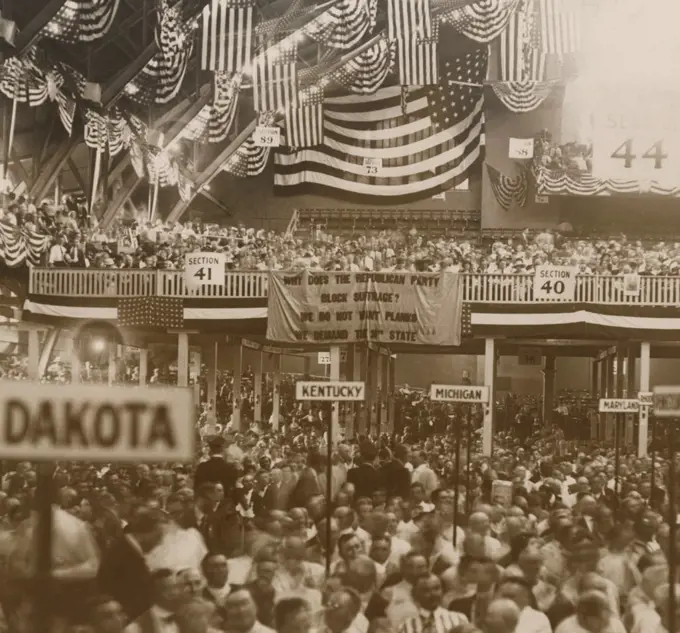 Republican Convention in Chicago, June 1920. In the background, a National Women's Party banner reads, 'Why does the Republican Party Block suffrage? We do not want planks. We demand the 36th state.'