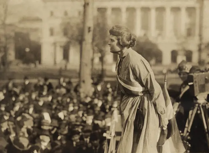 Suffragist Lucy Branham speaking at outdoor meeting during the militant National Women's Party 'Prison Special' tour in Feb-Mar 1919. She was imprisoned in 1917 for picketing in Washington, D.C.