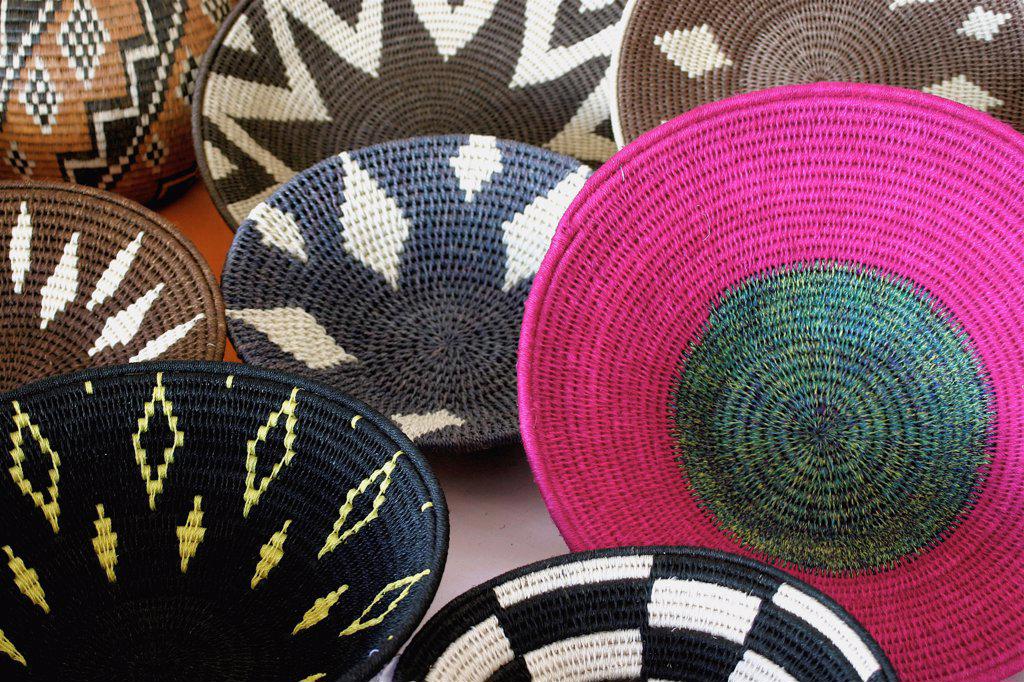 Close-up of detailed colorful African baskets, Santa Fe, New Mexico, United States of America, Santa Fe, 07/15/2007