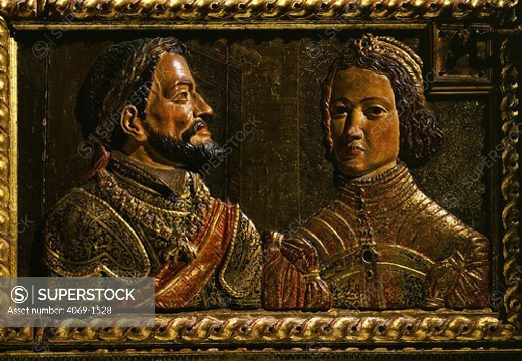 Stock Photo: 4069-1528 Monument by Alonso de Mena 1632 in gilt and polychrome wood, Charles V Holy Roman Emperor and I of Spain (1500-58) and Isabella of Portugal