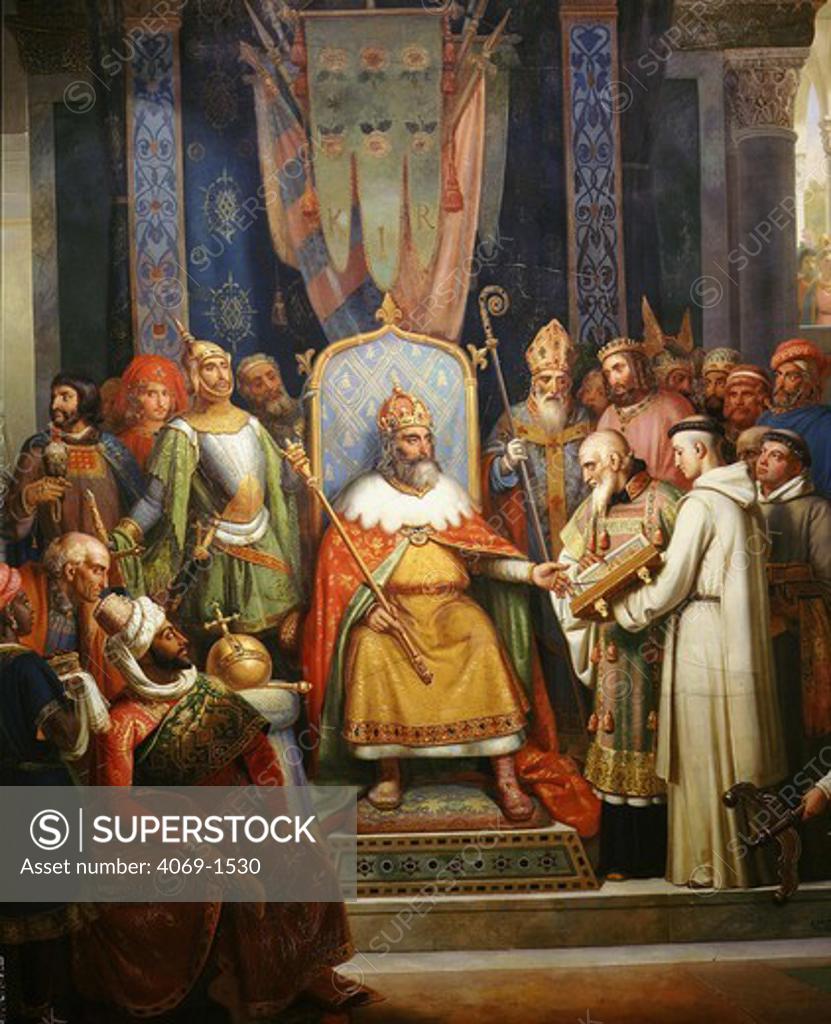 Stock Photo: 4069-1530 CHARLEMAGNE 742-814 receives Alcuin, ceiling fresco
