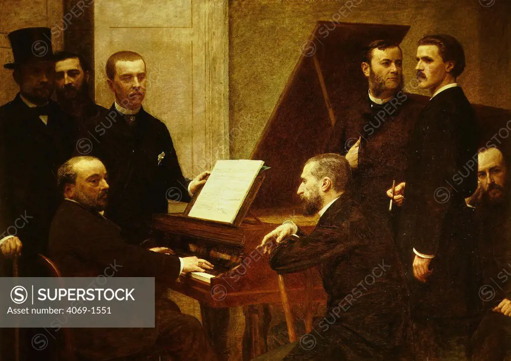 L-R Jullien Boisseau CHABRIER 1841-1894 Benoit Maitre Lascoux around the piano, painted 1885