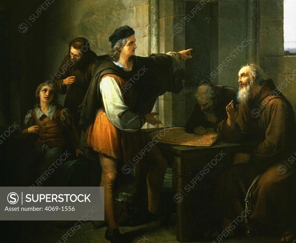 Stock Photo: 4069-1556 Christopher COLUMBUS, 1451-1506 Italian (Genoese) explorer, at door of Convent of Sta Maria di Rabida Spain, painted 1855