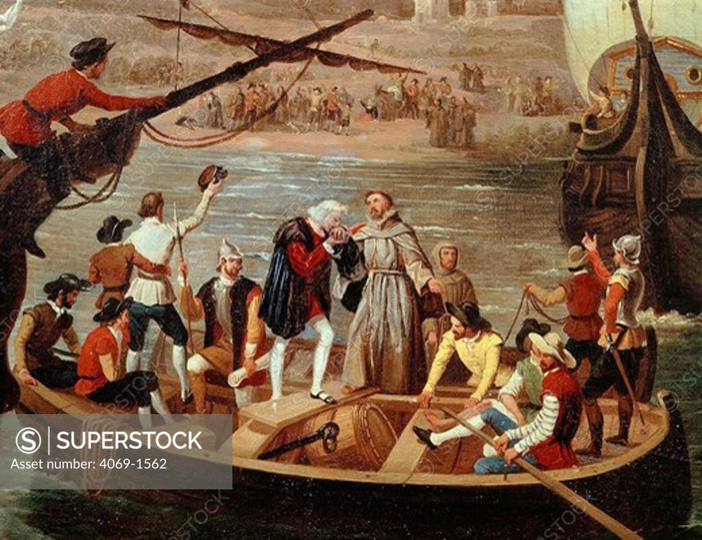 Stock Photo: 4069-1562 Christopher COLUMBUS, 1451-1506, Italian (Genoese) explorer, departing for new world from Palos, Spain, August 1492, fresco
