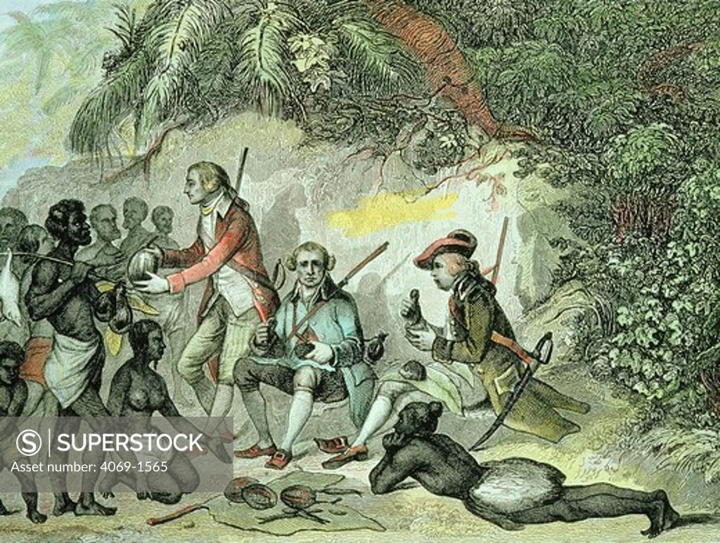 Stock Photo: 4069-1565 Captain COOK, 1728-79, English explorer, eating with Tahitians, engraving