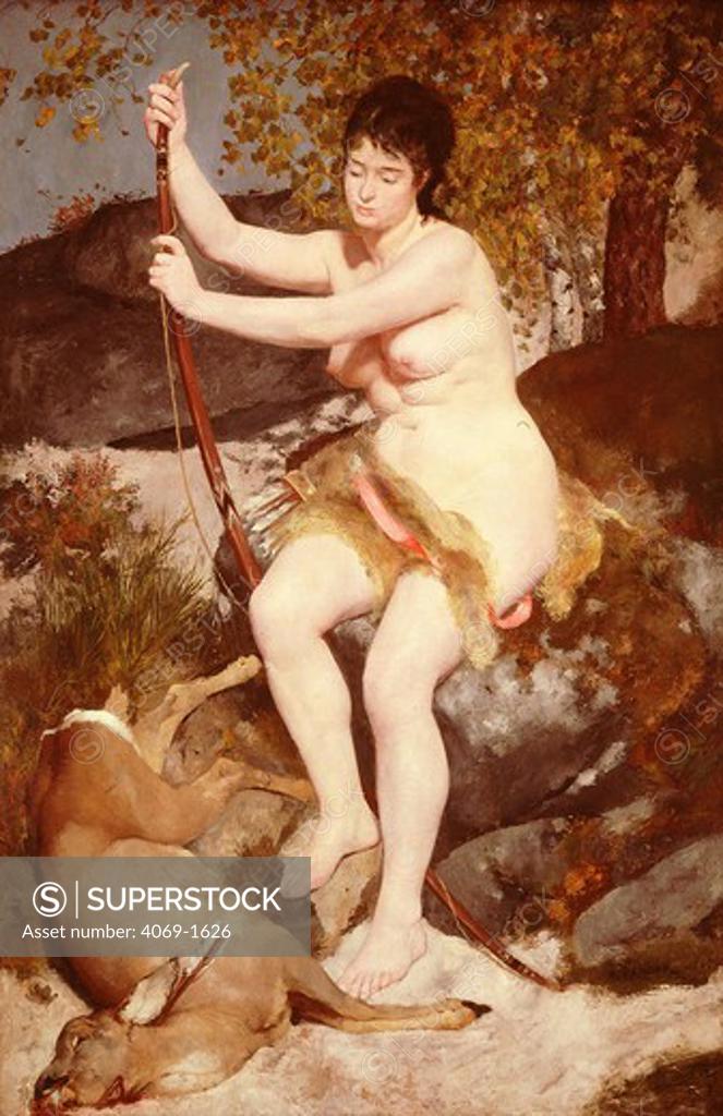Stock Photo: 4069-1626 DIANA, ancient Roman goddess and huntress, with Actaeon as dead stag, 1867. Diana turned Actaeon into a stag for spying on her when bathing, he was killed by his own hounds. The model was Lise TrÄhot, the artist's mistress