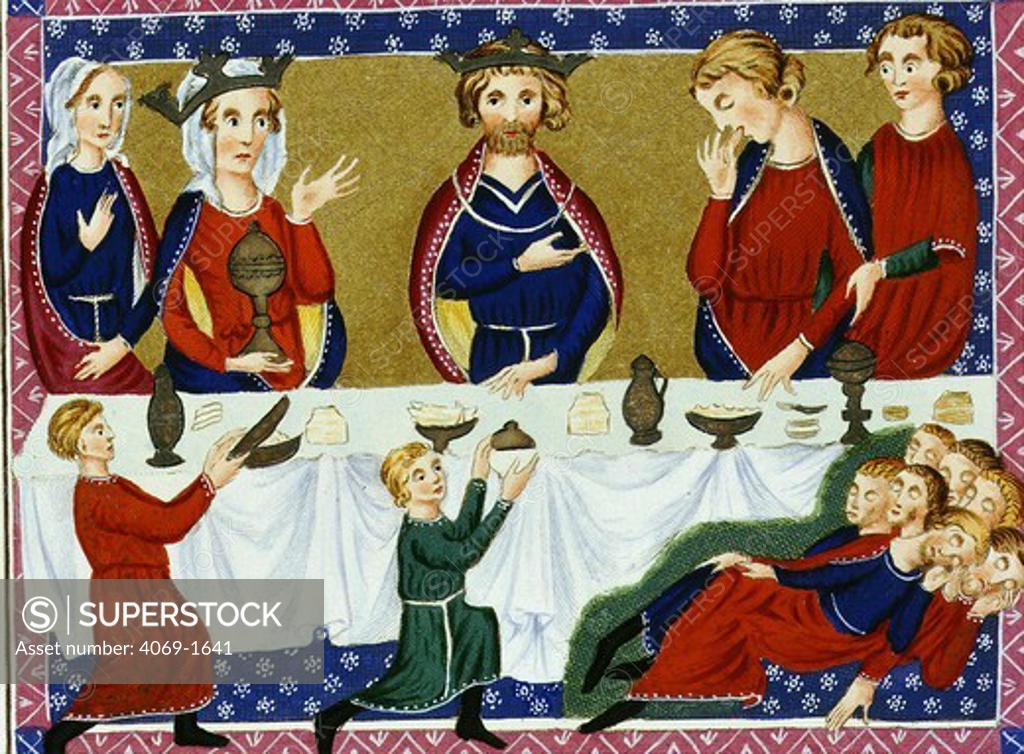 Stock Photo: 4069-1641 King EDWARD the Confessor, 1003-1066, with Queen at Easter Banquet where Goodwin accused of murder dies, later reproduction from 13th century manuscript