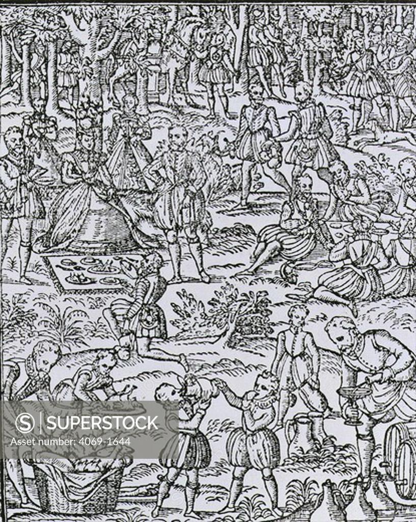 Stock Photo: 4069-1644 Queen ELIZABETH I, 1533-1603, of England, at hunting picnic with her courtiers, from the Noble Art of Venerie and Hunting, 1576, by George Turbervile, 1540-1610