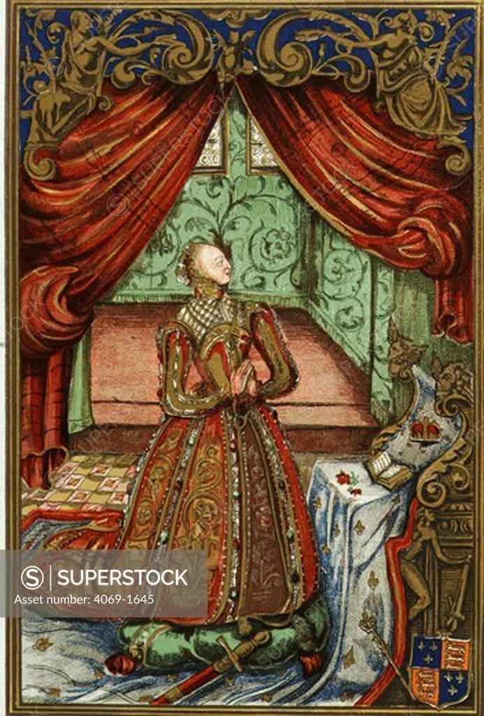 Stock Photo: 4069-1645 ELIZABETH I, 1533-1603, Queen of England, at prayer, frontispiece painting to Christian Prayers and Meditations, 1569