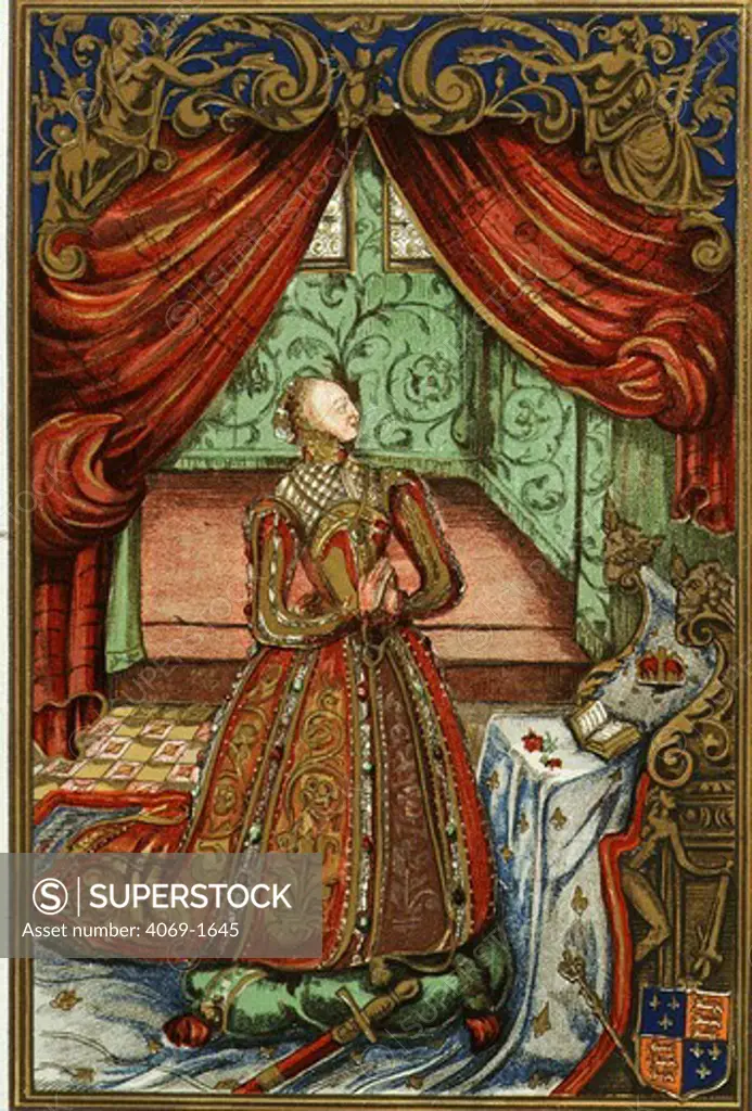 ELIZABETH I, 1533-1603, Queen of England, at prayer, frontispiece painting to Christian Prayers and Meditations, 1569