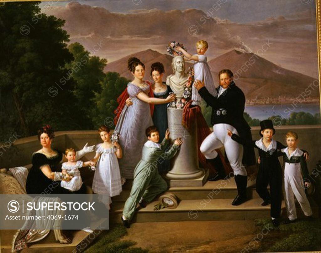 Stock Photo: 4069-1674 FRANCIS I, 1777-1830 of Kingdom of 2 Sicilies with family near Naples with Vesuvius, 1820