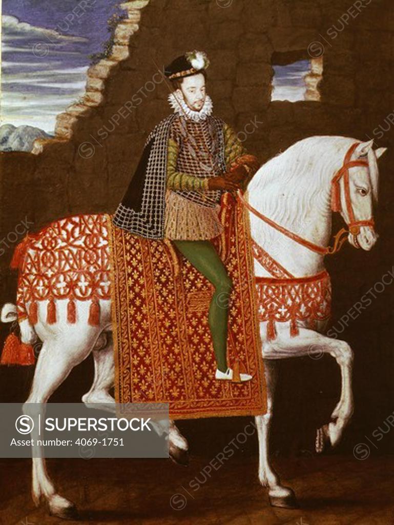 Stock Photo: 4069-1751 King HENRY III of France 1551-89 on horseback c.1580 French School