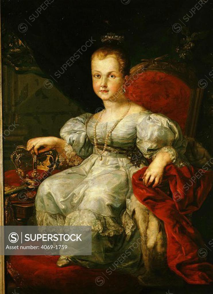 Stock Photo: 4069-1759 ISABELLA II of Spain, 1830-1904, as child, became Queen 1833 declared of age 1843, deposed in 1868 Revolution by Frederico de Madrazo 1815-94, abdicated 1870, by Vicente Lopez, Spanish