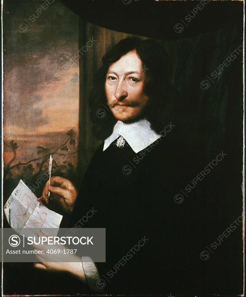 Stock Photo: 4069-1787 William LILLY, 1602-1681, astrologer, holding a horoscope diagram in his hand, 1644