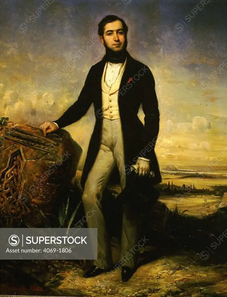 Ferdinand de LESSEPS (1805-94), French diplomat & canal promoter & engineer, constructed the Suez Canal, painted with view of Suez Canal