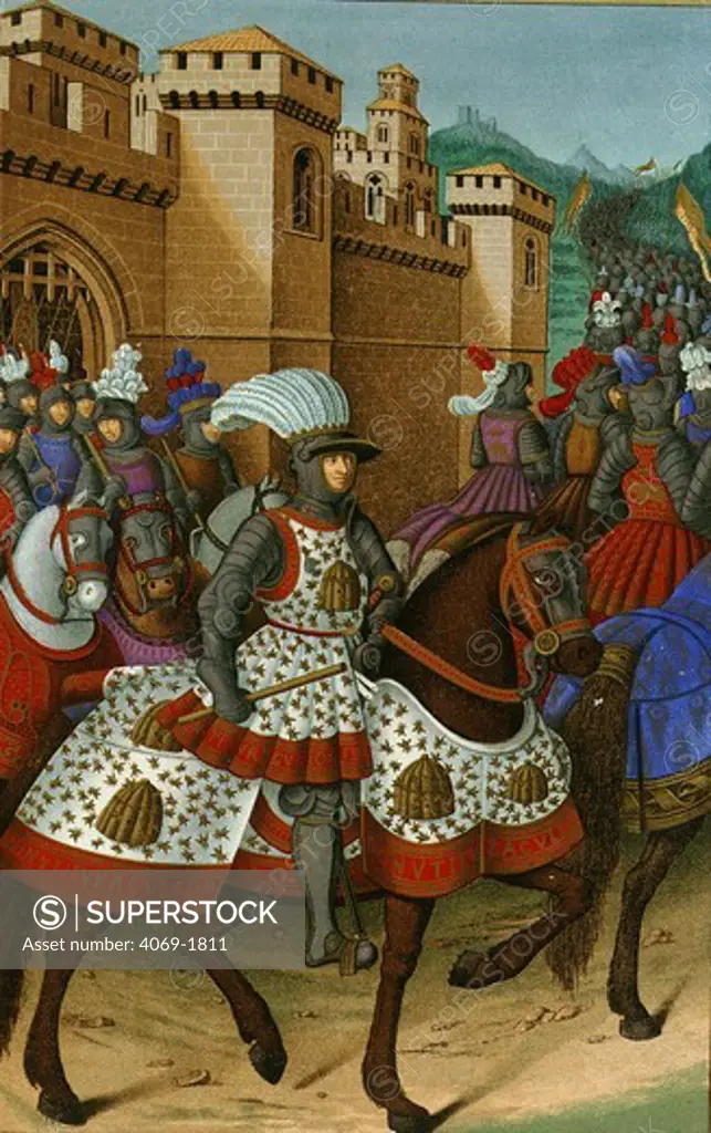 King LOUIS XII, also Duke of Orleans, 1462-1515, leaving Alexandria to subdue rebels at Genoa in April 1507, from Voyage to Genoa, by Jean Marot, Tours, c. 1508