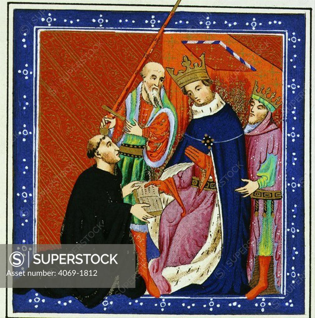 Stock Photo: 4069-1812 John LIDGATE, c. 1370-1451, monk and author, presenting book to King Henry VI, 1421-71, later reproduction from 15th century manuscript