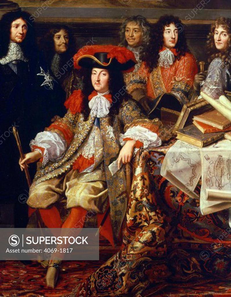 Stock Photo: 4069-1817 Colbert presents to King LOUIS XIV of France members of Royal Academy of Sciences, 1667 (detail): from vault of gallery of mirrors (MV2074)