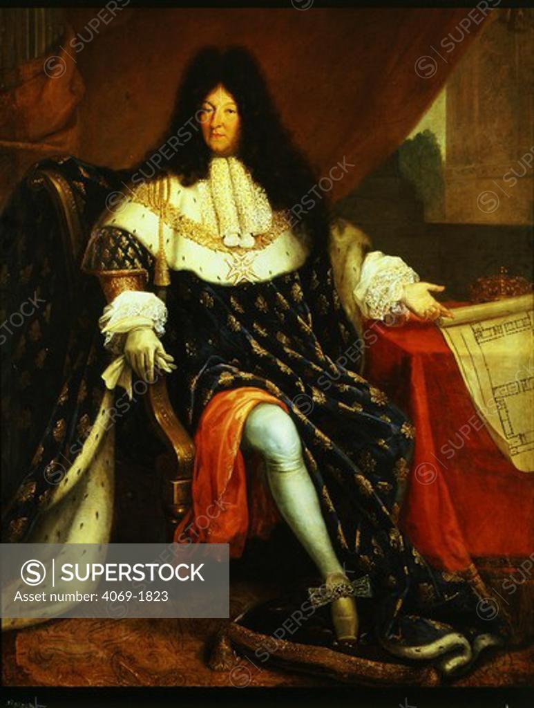 Stock Photo: 4069-1823 LOUIS XIV, 1638-1715, King of France pointing to architectural plan by 17th century French artist