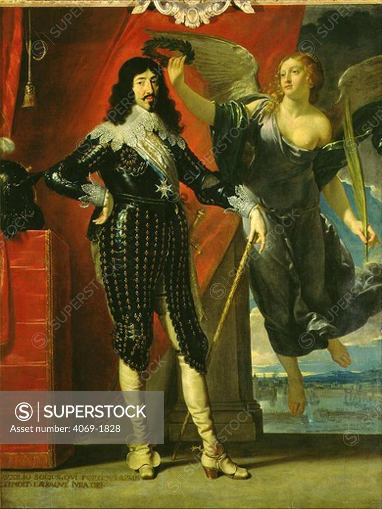 Stock Photo: 4069-1828 King LOUIS XIII 1601-43 of France crowned by Victory symbolising siege of La Rochelle 1628