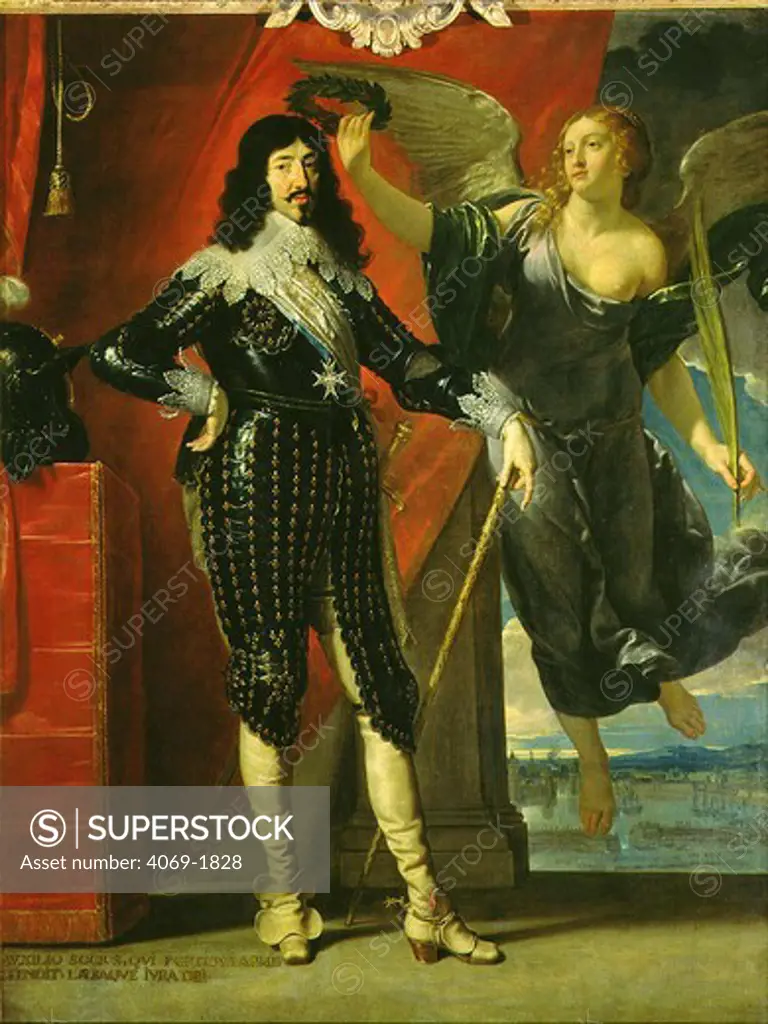 King LOUIS XIII 1601-43 of France crowned by Victory symbolising siege of La Rochelle 1628