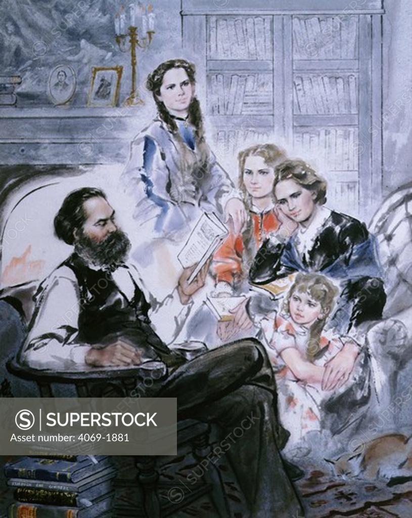 Stock Photo: 4069-1881 Karl MARX (1818-83) with his family, watercolour by Ghan ZenLun