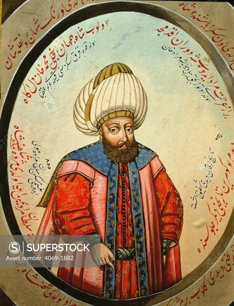 Stock Photo: 4069-1882 Watercolour 19th century of Ottoman Sultan Murat I (1326-89)