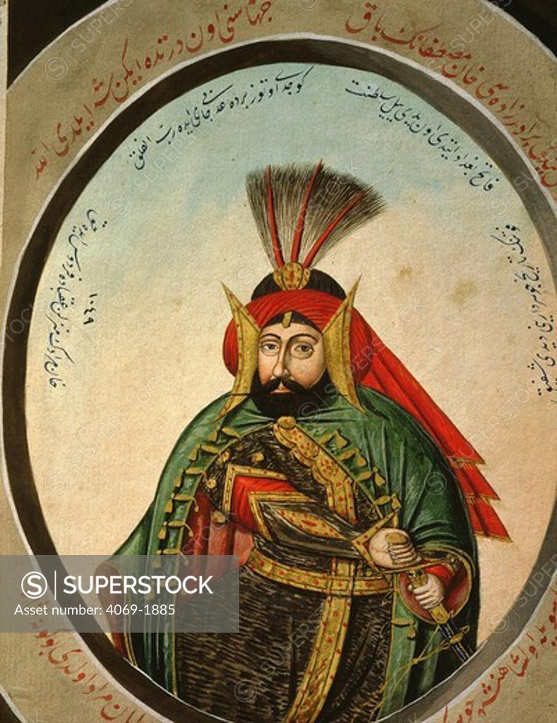 Stock Photo: 4069-1885 Ottoman Sultan Murat IV (1609-40) called conqueror of Baghdad, watercolour, 19th century