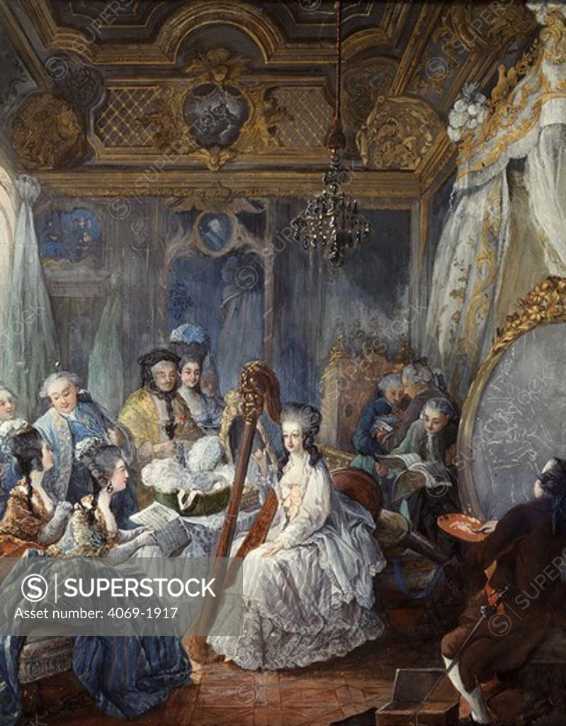 Stock Photo: 4069-1917 Queen MARIE-ANTOINETTE of France 1755-93 holding salon at Versailles in 1775, pastel