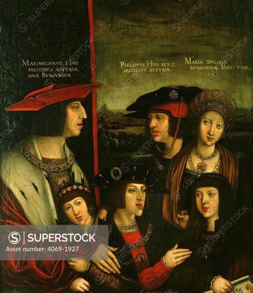 Stock Photo: 4069-1927 MAXIMILIAN I 1459-1519 Archduke of Austria, German King, Holy Roman Emperor, with his first wife Mary Duchess of Burgundy 1457?1482 and their family: their son Philip 1478-1506 (later Philip I the Handsome, of Castile), Philip?s two sons Charles 1500-1558 and Ferdinand 1503-1564 and Maximilian?s adopted son Louis 1506-1526, heir to the kingdoms of Hungary and Bohemia. Painted 1516