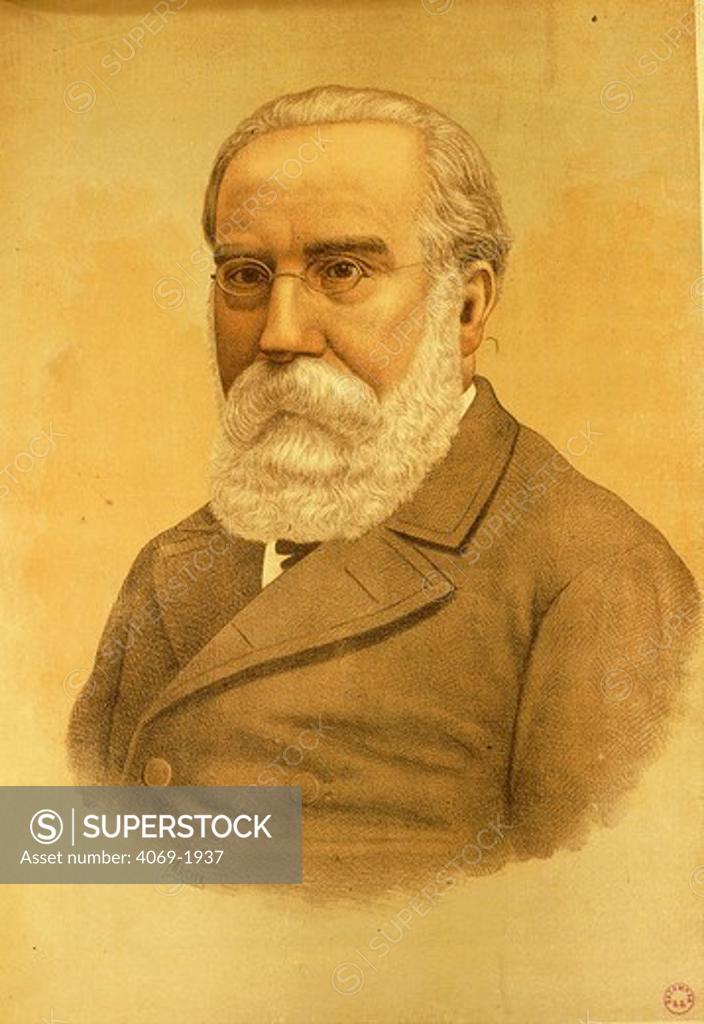 Stock Photo: 4069-1937 Francesco Pi i MARGALL, 1824-1901, Republican politician and writer, Minister in First Republic, 1873 engraving from El Motin, 4 July 1891
