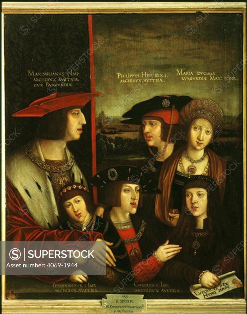 Stock Photo: 4069-1944 MAXIMILIAN I 1459-1519 Archduke of Austria, German King, Holy Roman Emperor, with his first wife Mary Duchess of Burgundy 1457?1482 and their family: their son Philip 1478-1506 (later Philip I the Handsome, of Castile), Philip?s two sons Charles 1500-1558 and Ferdinand 1503-1564 and Maximilian?s adopted son Louis 1506-1526, heir to the kingdoms of Hungary and Bohemia. Painted 1516