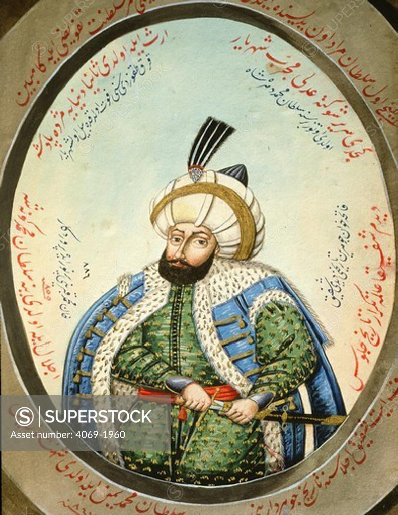 Stock Photo: 4069-1960 Ottoman Sultan OSMAN I,1258-1326, founder of Ottoman dynasty, watercolour, 19th century